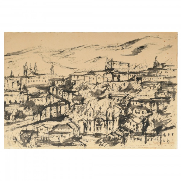 Antiguidades . MÁRIO DE ALMEIDA - "Ouro Preto". Técnica mista sobre cartão. Assinado, ...