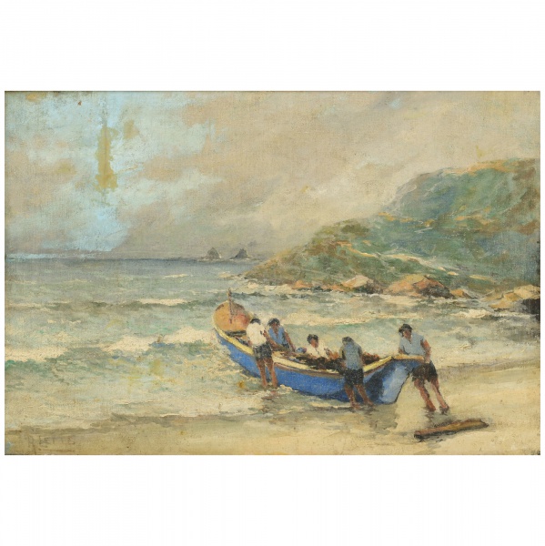 Arte . ARMANDO LEITE - (1879 - 1952 ) - "Pescadores". Óleo sobre tela. ...