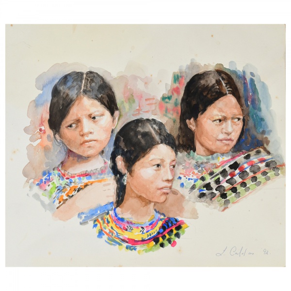 Antiguidades . L. CALDAS (?) - "Jovens indígenas". Aquarela sobre papel. Assinado e ...
