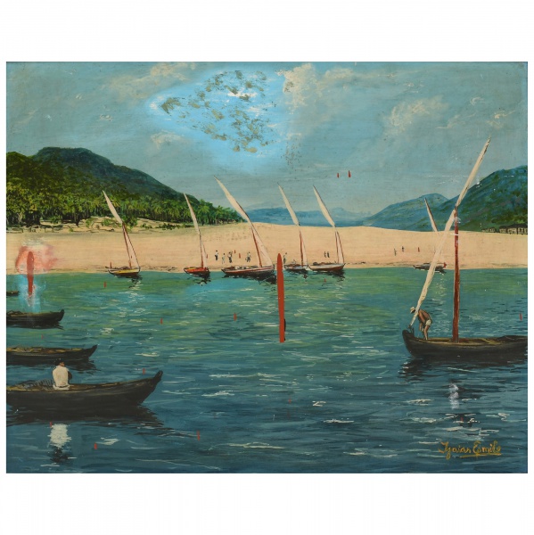 Antiguidades . IZAIAS EMILE - "Côlonia de Pescadores". Óleo sobre chapa ...