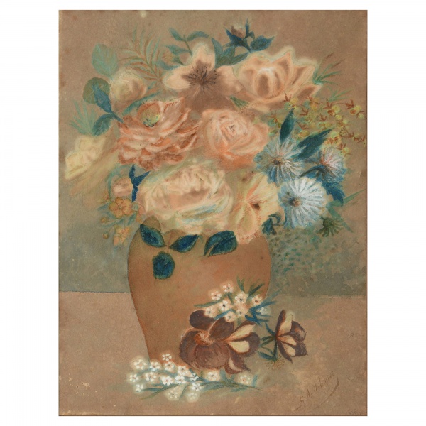 Antiguidades . S. A. SCHMIDT - "Vaso com flores". Técnica mista sobre cartão. Assinado ...