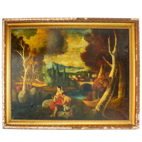 Antiguidades . SANDRO FARNESI (  ?  ) -  "PAISAGEM COM CASAL PESCANDO NA BEIRA DO ...