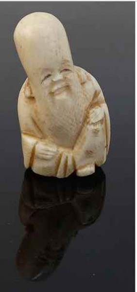 Antiguidades . NETSUKE  em marfim representando "Shou Hsing, Deus da Longevidade, crânio ...