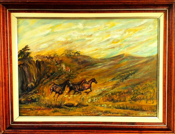 EUGÊNIO DE SOUZA, Óleo sobre Tela, Representando " Paisagem com Cavalos " Com Moldura, 0,86m x 0,66m Externa e 0,69m x 0,49m Interna