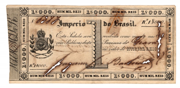 Joias . Cédula do Brasil - 1 Mil Réis 1833 - R-001b - Troco de Cobre na Província do ...