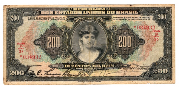 Joias . Cédula do Brasil - 200 Mil Réis 1927 - R-188 - MBC - Duas chancelas - Série 2ª ...