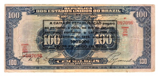 Joias . Cédula do Brasil Rara - 100 Mil Réis 1926 - R-181 - MBC ++ - Série 10ª - 16ª ...
