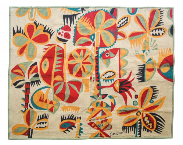TAPEÇARIA - GENARO DE CARVALHO Década de 70  Maravilhosa tapeçaria assinada pelo renomado artista Genaro de Carvalho, um dos grandes nomes da tapeçaria moderna brasileira.A obra evidencia toda a riqueza estética e o estilo marcante do artista, reconhecido por suas composições vibrantes, formas orgânicas e forte identidade visual, características que transformaram suas tapeçarias em verdadeiros ícones da arte decorativa nacional.Peça de grande impacto visual e relevância artísticaMed: 120 x 1.00