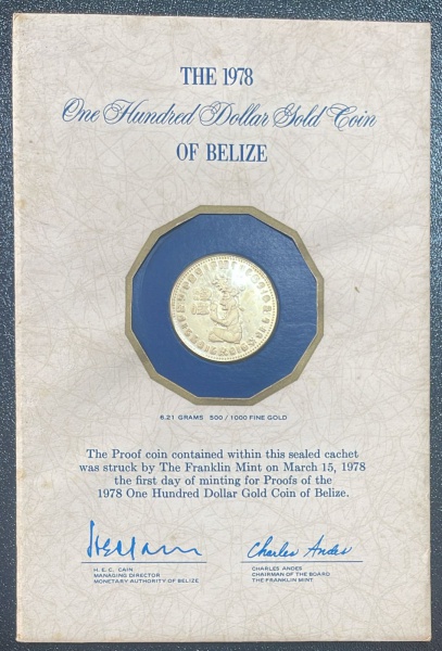 Joias . RARA - MOEDA DE BELIZE THE FRANKLIN MINT - 100 DOLLARS 1978 - OURO .500% - ...
