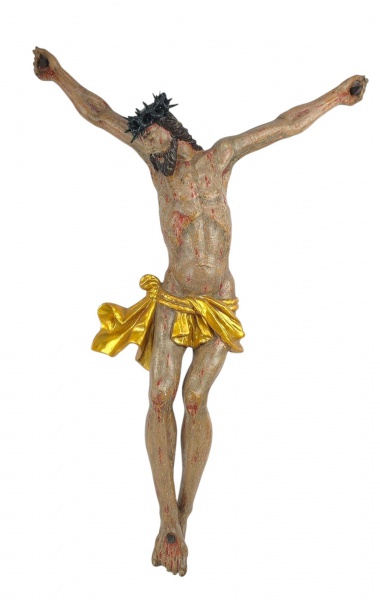 Cristo - Grande e bela imagem do século XIX em madeira entalhada e policromada, com cabeça e sendal pendentes para o lado direito. Med. 63x44cm.