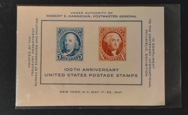 Joias . BLOCO /  CENTENARIO DO SELO POSTAL  AMERICANO 1947