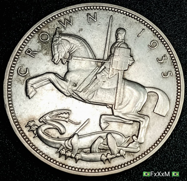 Joias . Moeda Estrangeira do Reino Unido 1 Crown ano 1935 Comemorativa ao Jubileu de ...