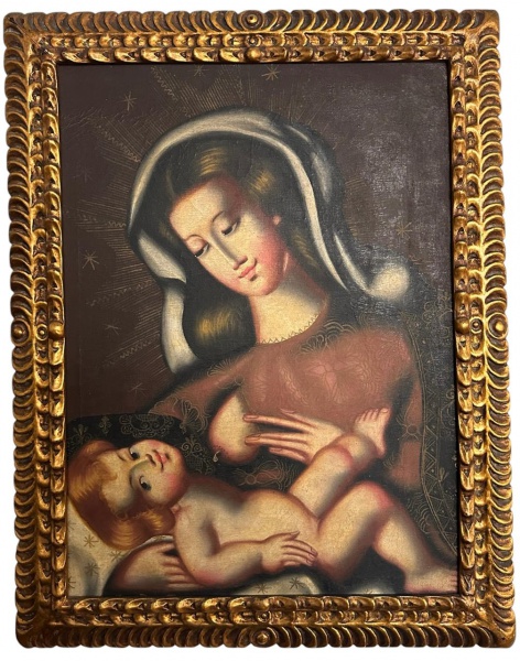 Joias . CUSCO/ OST, Nossa Senhora amamentando Menino Jesus. Med. 56 x 41 x cm. Med 68 x ...