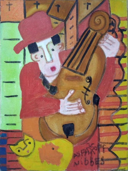 Arte . Javier Asfaduroff Nibbes. Quadro representando músico e gato. Técnica mista ...