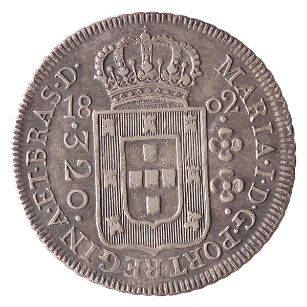 Brasil, 320 Réis, 1802R. Prata. AI P377; Aranha 1A. MBC+. Orlas completas, nos dos lados. Linda pátina