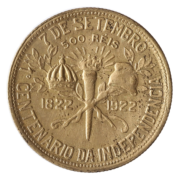 Brasil, 500 Réis, 1922. Bronze-Alumínio. AI V122a. FC. Leve limpeza. BBASIL - Raro. 1º Centenário da Independência