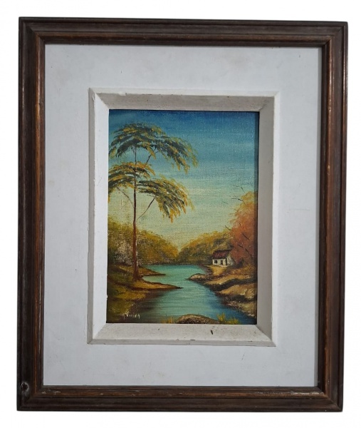A.VIEIRA - Lindo quadro decorativo, óleo s/ tela, " Paisagem", datado 1984 medindo 16cm x 23cm sem moldura - 31cm x 37cm com moldura.- Tema: Rio com pedras, casinha branca de telhado vermelho na marge