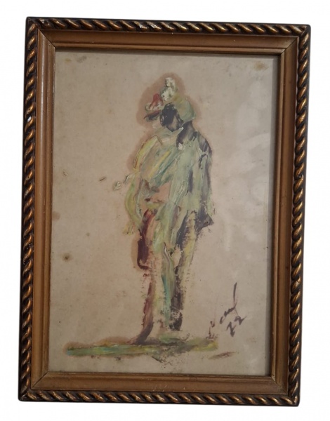 Guache sobre cartão/papel, figura expressionista, moldura dourada cordonê. - Tema: Guache Figura humana com criança no ombro. - Período: Pelas manchas do papel e estilo, anos 1950-1970 - Med. Med. 22c