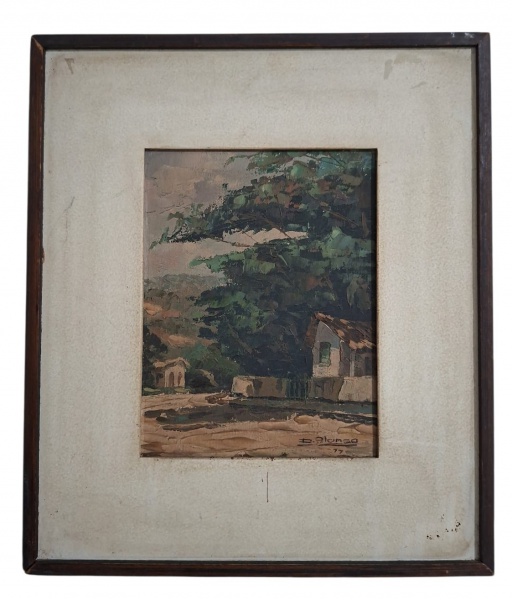 D. Alonso 1977, OST - Óleo sobre tela/eucatex - Estado: Obra íntegra, passe-partout acidificado Casario Rustico - Med.17x22,5cm.