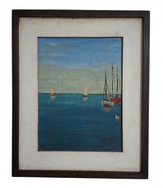 MYRTHES - (2004) - OST- med . 16cm x 22cm sem moldura - 23,5cm x 29cm com moldura. -- Tema: Barcos a vela no mar azul, horizonte baixo. Estilo acadêmico simplificado, típico dos anos 50-70