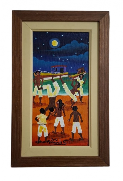 Edmar Fernandes 2012 - Arte Naïf brasileira. - acrílica sobre tela, cena de capoeira na praia à noite. Assinatura "Edmar Fernandes 2012" no rodapé. - Med 20cm x 32cm com moldura (Errata - Não é óleo s
