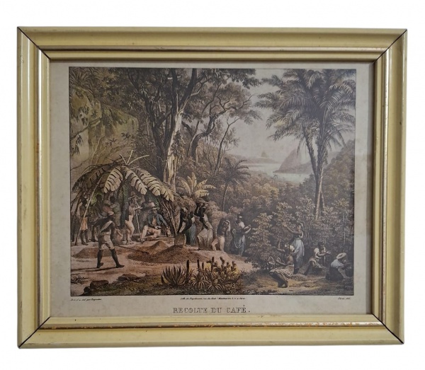 Gravura "RECOLTE DU CAFÉ" - Colheita do Café da Litografia francesa do século XIX, provavelmente Johann Moritz Rugendas ou da oficina de Engelmann, Paris. Cena histórica do Brasil Império.- Tema: Colh