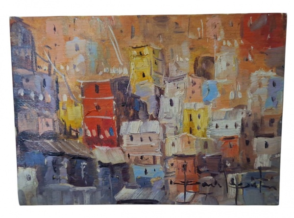 PAULO PETER - Óleo sobre tela, favela/morro urbano empastado. - - Tema: Casario colorido em morro, sobreposição de prédios vermelhos, amarelos, azuis e brancos. Luz quente de fim de tarde. Pincelada g