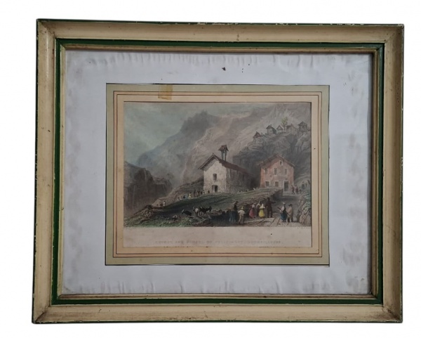 Gravura inglesa vitoriana - "Church and School of Ville Neuve, Gondo, Simplon" - gravura em aço colorida à mão, circa 1830-1850. Cena alpina suíça - - Tema: Igreja e escola de Ville Neuve em Gondo, na