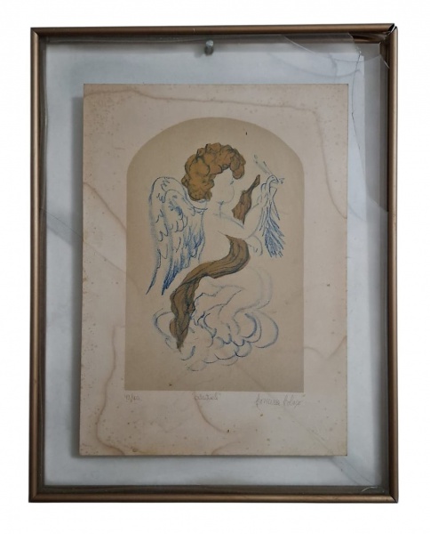Concessa Colaço, - 1913-2001 - Gravura "Celestial" é típica da fase dela anos 70-80: anjos, temas místicos, traço leve, cor suave. Edição 49/40 confirma tiragem de artista. - Quem foi Concessa Colaço: