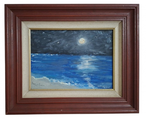"Francisco Pizzolante 2013" Assinado no canto inferior esquerdo. - - Tema: Mar noturno sob lua cheia, reflexo na água, céu estrelado, ondas quebrando na areia. Pincelada expressionista, azul intenso,