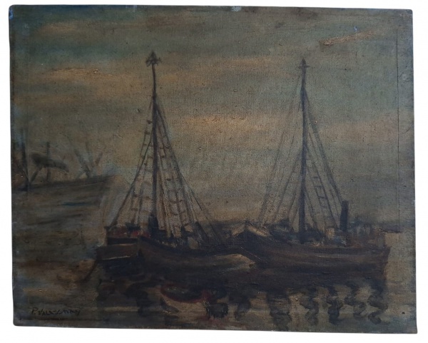 P. Valassary - (OST) Tema: Marinha noturna, barcos ancorados, mastros. Mesma análise de composição. Céu pesado, reflexos escuros - Assinatura: "P. Valassary". Paulo Valassary ou Pedro Valassary. Artis