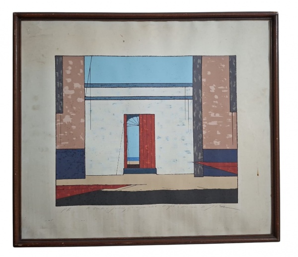Serigrafia. Assinatura ilegível, "P/A" no canto inferior esquerdo. - - Tema: Arquitetura geométrica, porta vermelha entreaberta revelando mar ao fundo. Fachada modernista, linhas limpas, planos de cor