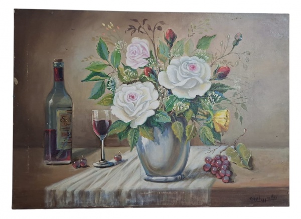 Onil Mello. Óleo sobre tela, natureza-morta. Assinatura no canto inferior direito - Tema: Natureza-morta com vaso de rosas brancas, garrafa de vinho "Sella", taça, uvas e cerejas sobre toalha. Composi