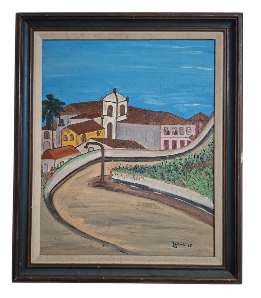 Leone 89. Óleo sobre tela, paisagem urbana colonial. Tema: Vista do Convento de Santa Teresa ou Ladeira da Misericórdia, Rio de Janeiro. Casario colonial, igreja com cúpula, curvas do calçamento, palm