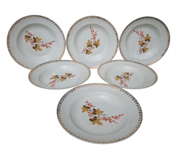 Conjunto de 6 pratos fundos em porcelana Real com filete dourado e decoração floral em laranja e dourado - . Diam 23cm - Estilo: Motivo de folhas de outono. Design típico de porcelana brasileira anos