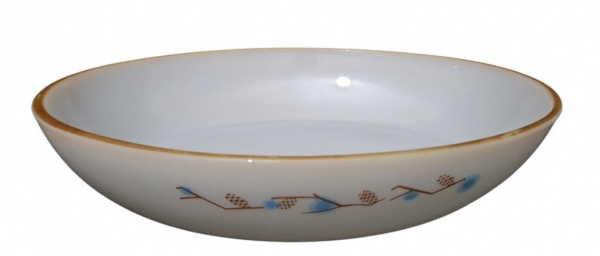 Travessa/saladeira Tigela/Bowl em opalina/termover com filete dourado e floral azul* apresenta fio de cabelo. Med. 27cm x 6cm - Material: Vidro opalino leitoso, "termover" Termo-Rey, - Decoração: Mesm