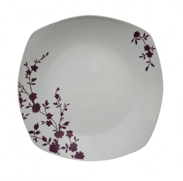 Prato raso quadrado em porcelana/vidro temperado, floral vinho Diâmetro 25cm - Prato raso de mesa com cantos arredondados, modelo "square". Padrão anos 2000-2015 -