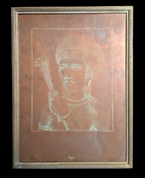 Matriz - Gravura em chapa de cobre, retrato indígena emoldurado - Med. 31cm x 24cm - Tipo: Antiga Chapa de cobre gravada a buril/pontilhado de matriz de impressão, Tema: Retrato de indígena com cocar