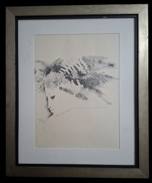 Gravura/Desenho assinado "Augusto Rodrigues - - Tipo: Gravura em metal, litografia ou serigrafia sobre papel. Traço surrealista com perfil feminino e elementos oníricos- Artista: Assinatura no canto i