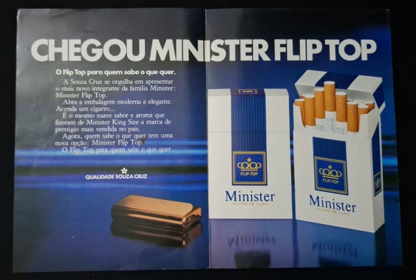 Colecionismo - layout de anúncio de revista/jornal, com texto vertical "CHEGOU MINISTER FLIP TOP" e imagens dos maços. É um exemplo de publicidade impressa da época, útil pra estudo de design gráfico,