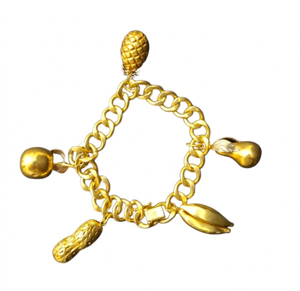 Pulseira elo grumet com berloques de frutas tropicais Ouro 750 - 18K - com 20cm de comprimento e 32,04g - Tipo: Pulseira em elo grumet/gourmet duplo, com 5 berloques: abacaxi, maçã, pêra, amendoim e b
