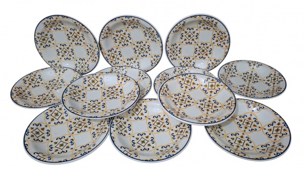 Jogo de 12 pratos fundos/sopas em porcelana Oxford padrão azulejo - - Tipo: Conjunto de 12 pratos fundos/sopas. Estampa azulejo combinando com o jogo de pratos rasos do item 114- Material: Porcelana o