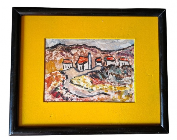 Obra de Arte - Pintura paisagem - Pintura em tela/papelão sobre paisagem rural. Casas brancas com telhado vermelho + igreja/torre central, montanhas ao fundo. Pincelada solta, expressionista - Passepa
