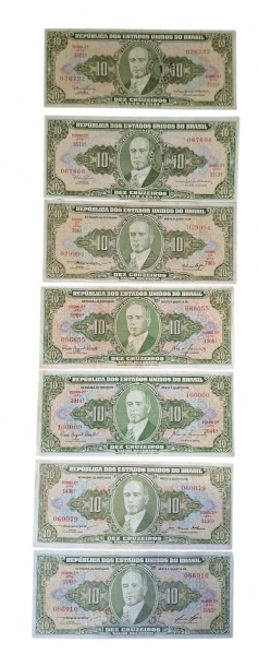 Lote: 7 Cédulas 10 Cruzeiros - "República dos Estados Unidos do Brasil" - Personagem: Barão de Mauá - Irineu Evangelista de Sousa - 7 cédulas de 10 Cruzeiros, 2ª estampa. Anos 1960-1964. Cor verde, re
