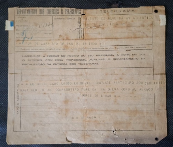 Telegrama - Departamento dos Correios e Telégrafos - Enviado de Copacabana, Av Atlântica - Rio de Janeiro - Formulário original de telegrama do "Departamento dos Correios e Telégrafos". Papel amarelad