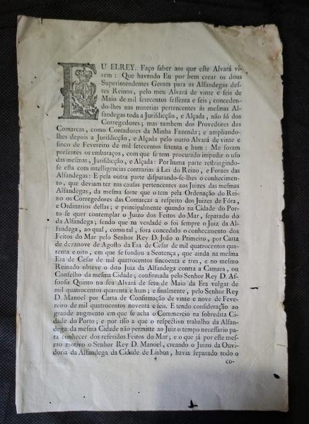 Alvará Régio de D. José I, rei de Portugal. Ano 1766. - com 7 páginas - Alvará Régio - 26 de Maio de 1766 - "EU ELREY" - D. José I, Rei de Portugal e Algarves - Página de alvará régio impresso em tipo