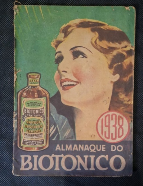 Almanaque do Biotônico Fontoura - 1938 - Arte assinada "Campos" - Instituto Medicamenta - Almanaque de farmácia, capa ilustrada com mulher + frasco de Biotônico Fontoura. Ano 1938 bem visível. Arte de