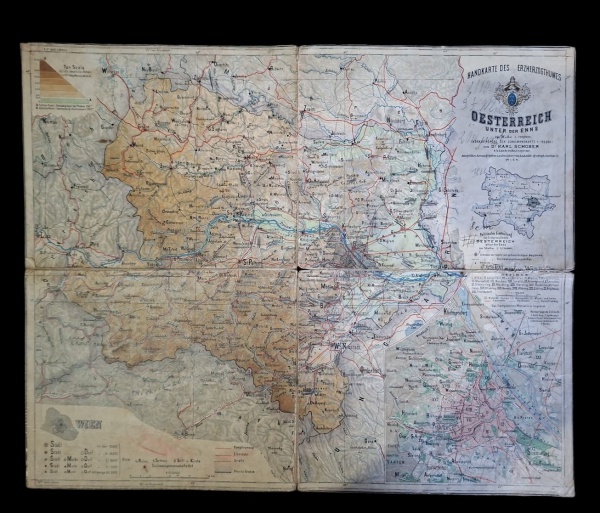 Mapa: Österreich unter der Enns - Baixa Áustria - "Handkarte des Erzherzogthumes" - Dr. Karl Schober, Viena - Mapa litografado colorido à mão, dobrado em 4 partes. Título: "HANDKARTE DES ERZHERZOGTHUM