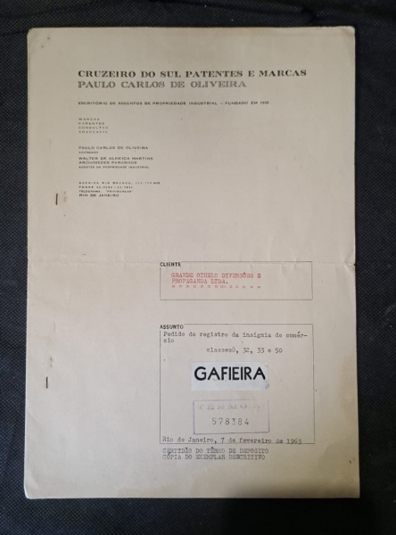 Certidão de Registro de Marca - "GAFIEIRA" - Cruzeiro do Sul Patentes e Marcas | 7 de Fevereiro de 1963 - Certidão de depósito de marca, datilografada, papel timbrado do escritório "Cruzeiro do Sul Pa