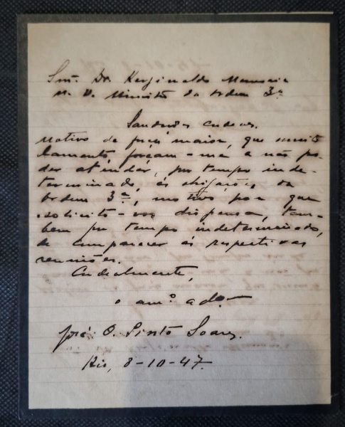 Colecionismo - Carta - José O. Pinto Soares Dr. Reginaldo Moniz - Rio de Janeiro, 8 de Outubro de 1947 - Bilhete manuscrito em papel pautado com borda preta de luto. Tinta preta, caligrafia cursiva da